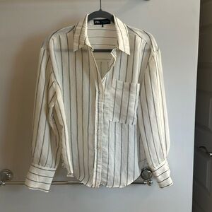 ZARA button down blouse; size S; olive green stripe; excellent condition